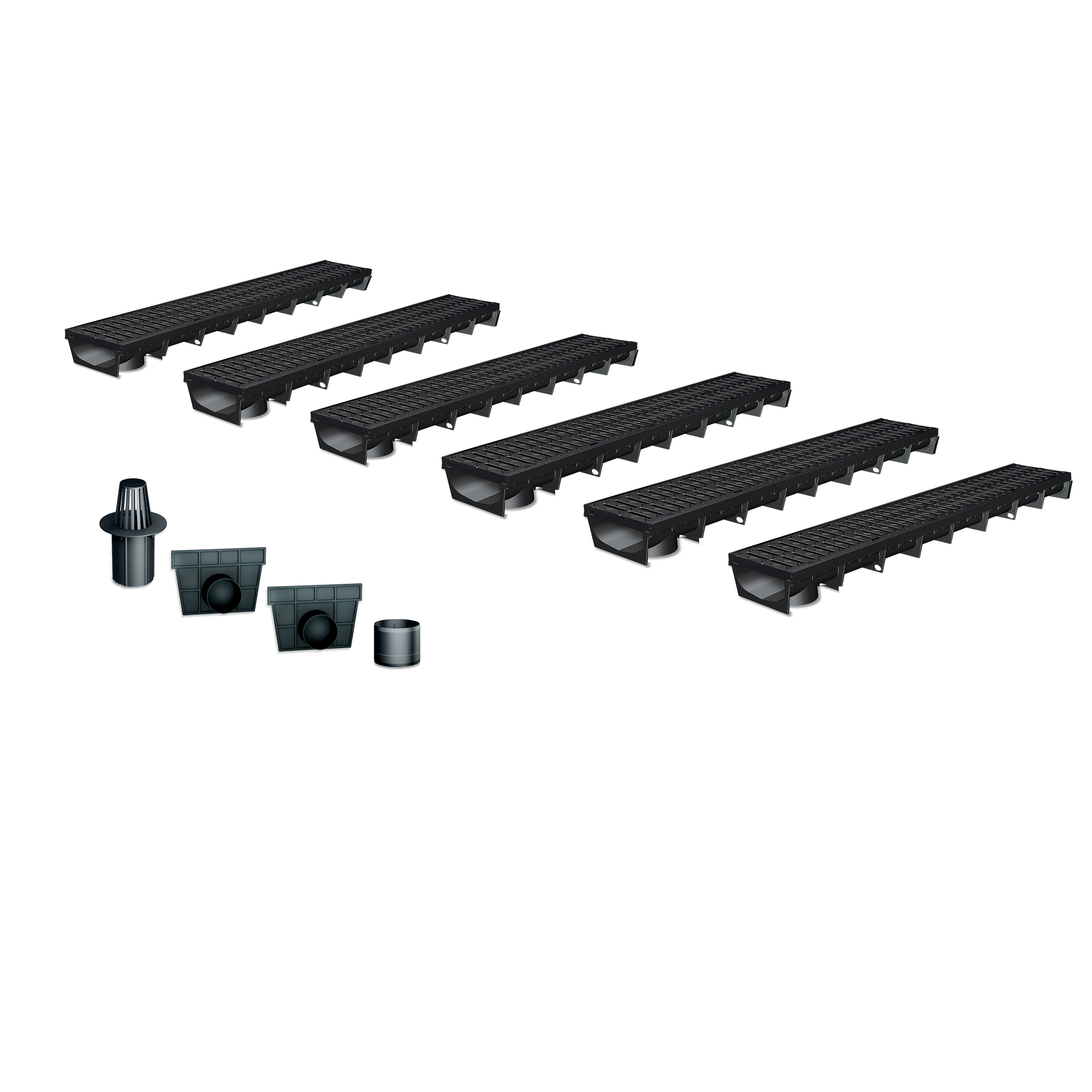 Pack de 6 caniveaux MEAPARK en plastique recyclé avec grille polyamide de classe de charge B125 - design et discret - norme PMR - Adaptés pour terrasse, jardin, entrée de garage, entrée de bâtiment, parking et zone urbaine. 