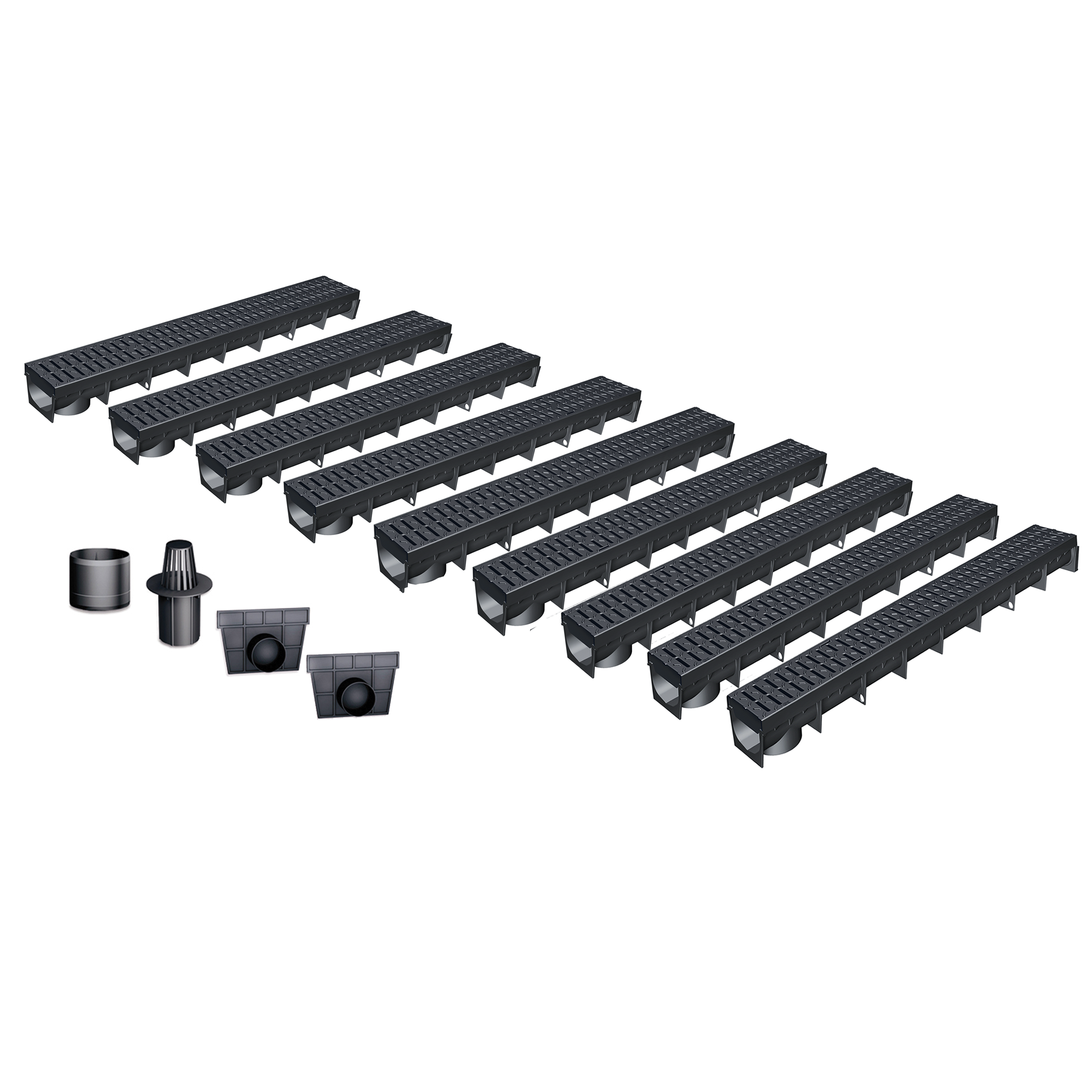 Pack de 9 caniveaux MEAPARK en plastique recyclé avec grille polyamide de classe de charge B125 - design et discret - norme PMR - Adaptés pour terrasse, jardin, entrée de garage, entrée de bâtiment, parking et zone urbaine. 