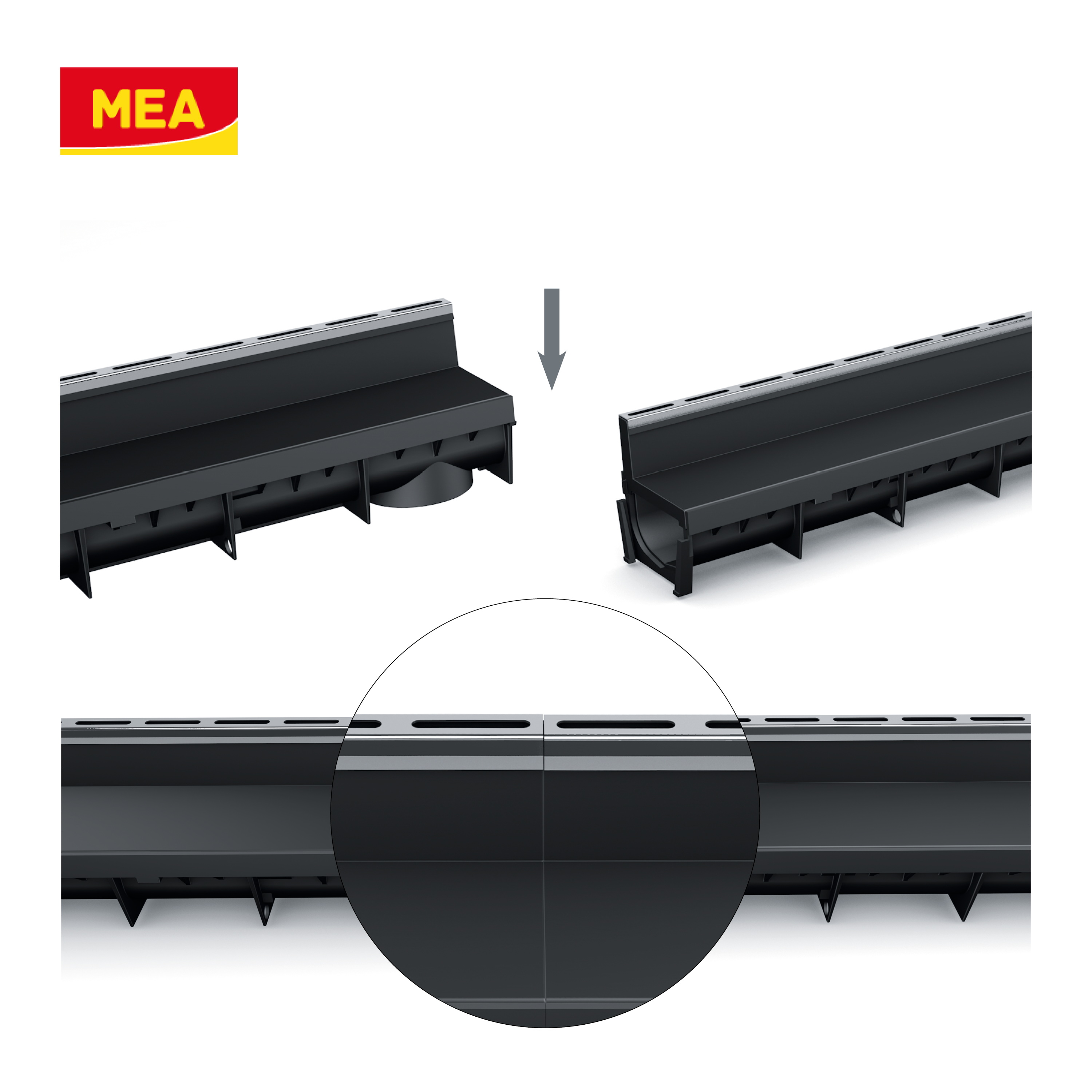 Caniveau discret en plastique recyclé MEAPARK avec fente en polypropylène et profil inox 304 Eblade R - Classe de charge A15 - Norme PMR - Facile à poser. Adapté pour terrasse, jardin, entrée de bâtiment et piscine.