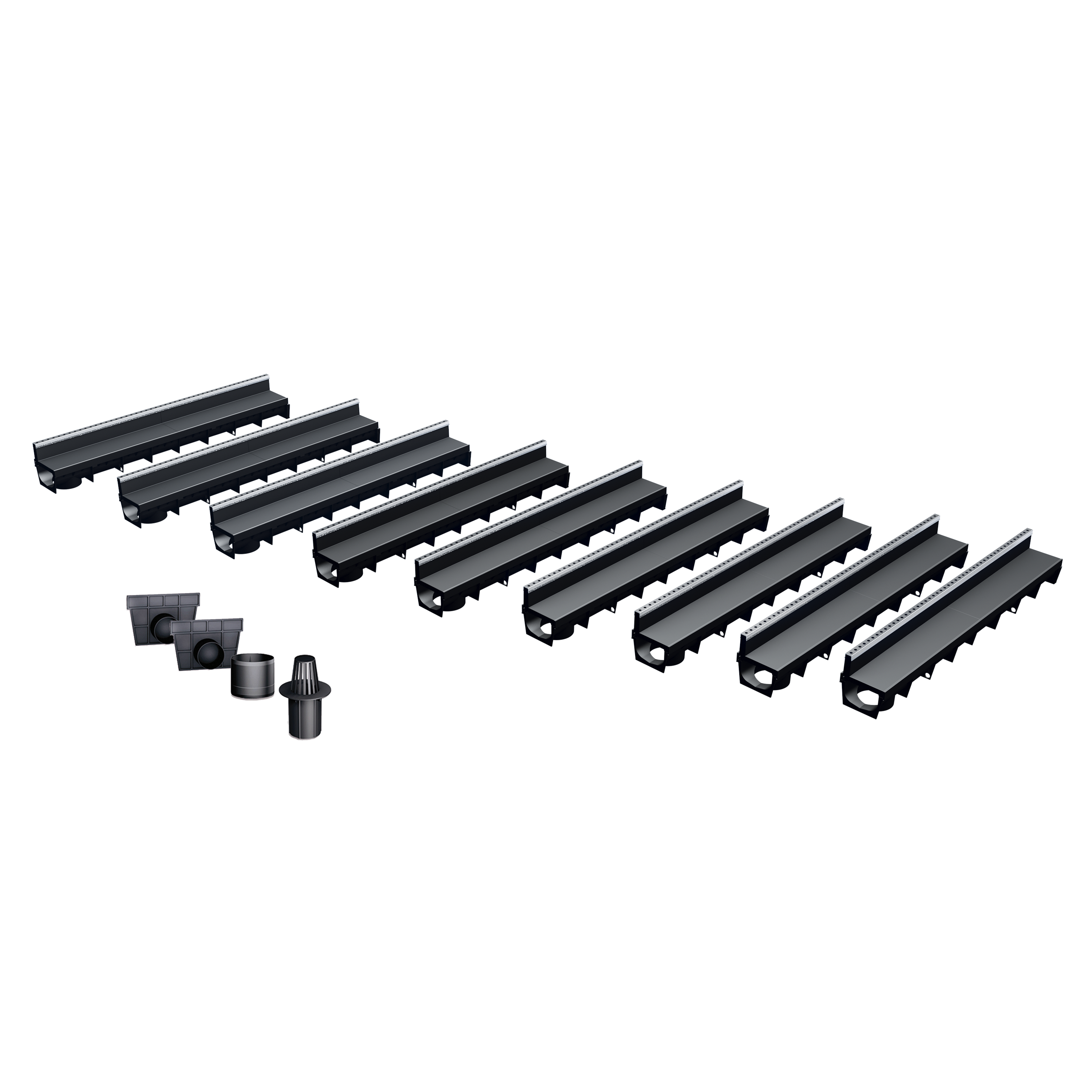 Pack de 9 caniveaux MEAPARK en plastique recyclé avec fente en polypropylène et profil inox 304 Eblade B - Classe de charge A15 - Norme PMR - Facile à poser. Vendu avec kit d'accessoires complet.