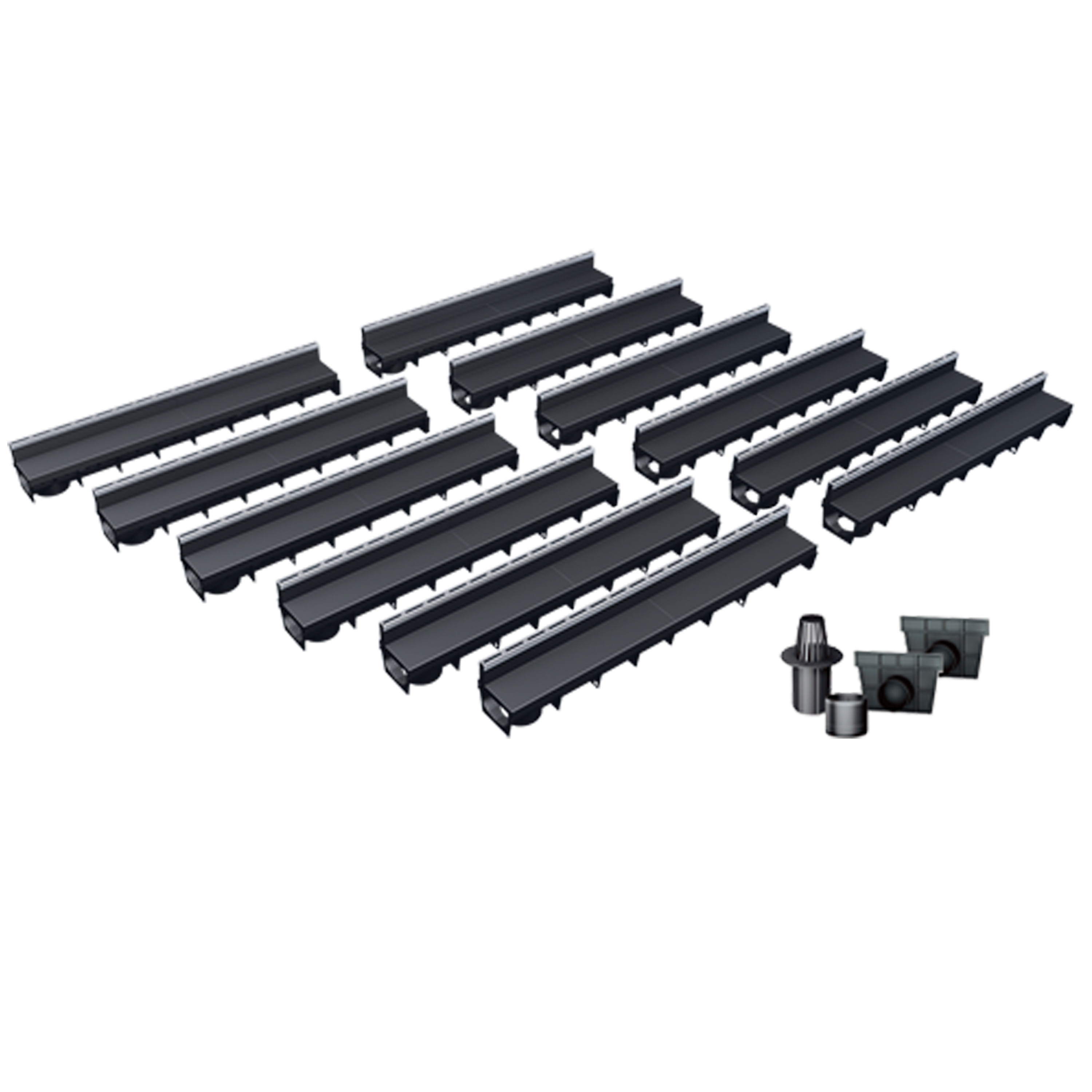 Pack de 12 caniveaux MEAPARK en plastique recyclé avec fente en polypropylène et profil inox 304 Eblade S - Classe de charge A15 - Norme PMR - Facile à poser. Vendu avec kit d'accessoires complet.