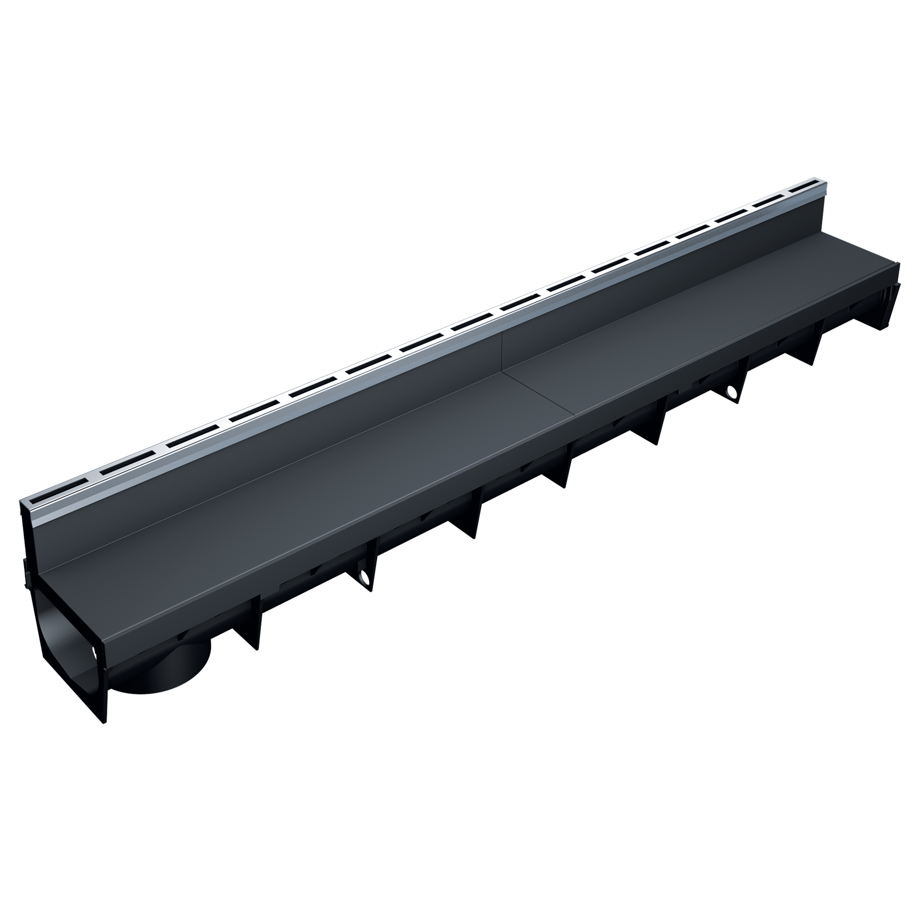 Caniveau discret MEAPARK en plastique recyclé avec fente en polypropylène et profil inox 304 Eblade S - Classe de charge A15 - Norme PMR - Facile à poser. Adapté pour terrasse, jardin, entrée de bâtiment et piscine.