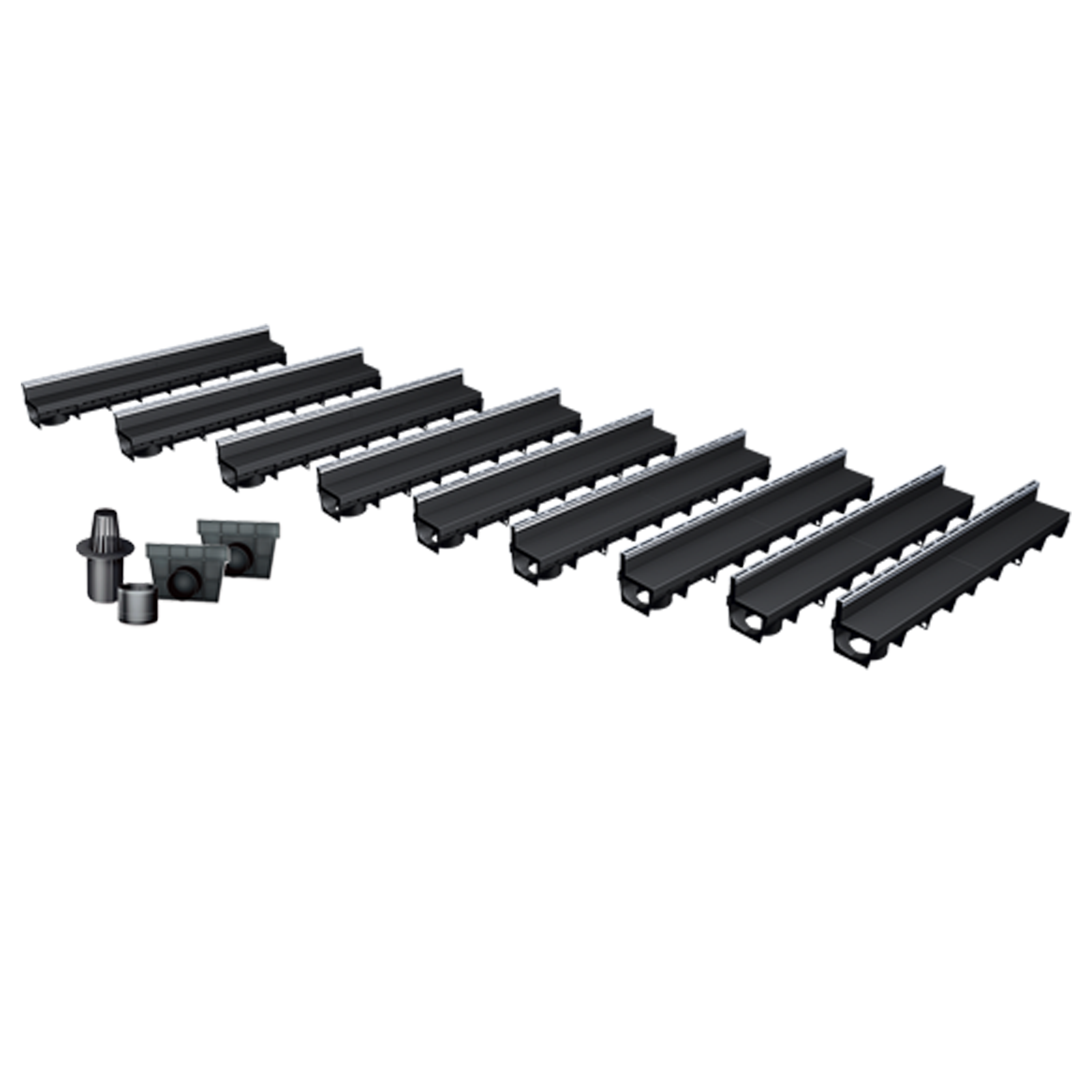 Pack de 9 caniveaux MEAPARK en plastique recyclé avec fente en polypropylène et profil inox 304 Eblade S - Classe de charge A15 - Norme PMR - Facile à poser. Vendu avec kit d'accessoires complet.