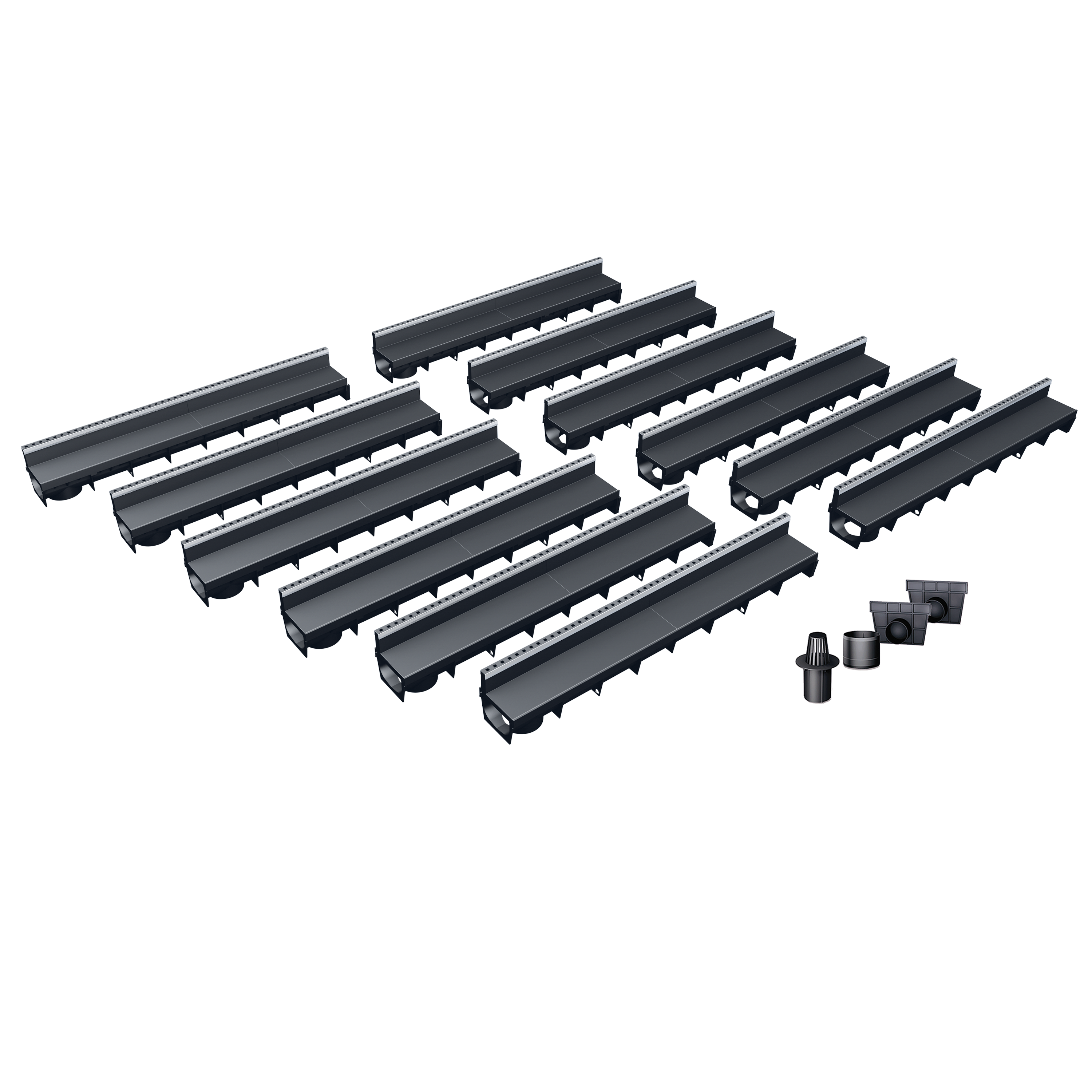 Pack de 12 caniveaux MEAPARK en plastique recyclé avec fente en polypropylène et profil inox 304 Eblade T - Classe de charge A15 - Norme PMR - Facile à poser. Vendu avec kit d'accessoires complet.