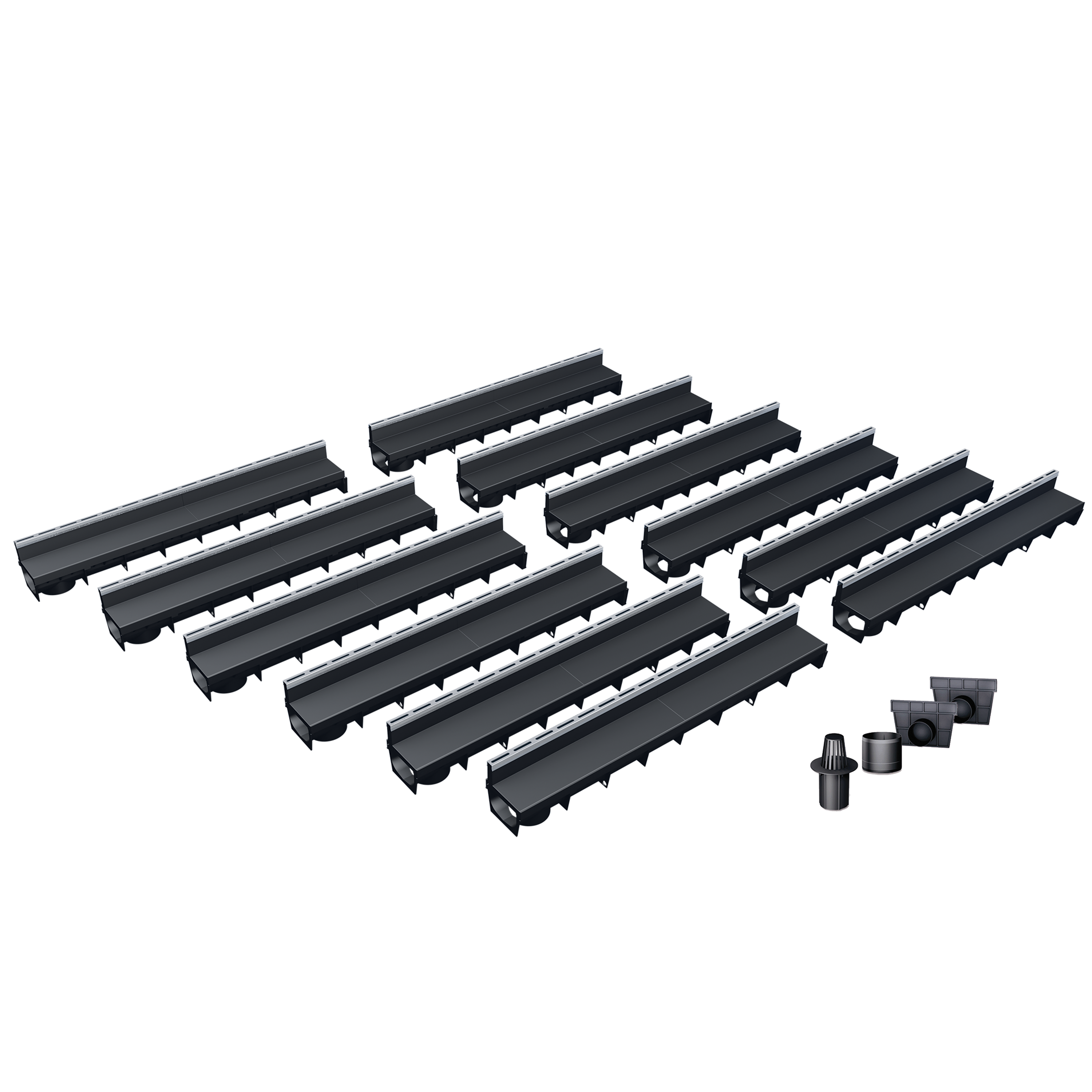 Pack de 12 caniveaux MEAPARK en plastique recyclé avec fente en polypropylène et profil inox 304 Eblade R - Classe de charge A15 - Norme PMR - Facile à poser. Vendu avec kit d'accessoires complet.