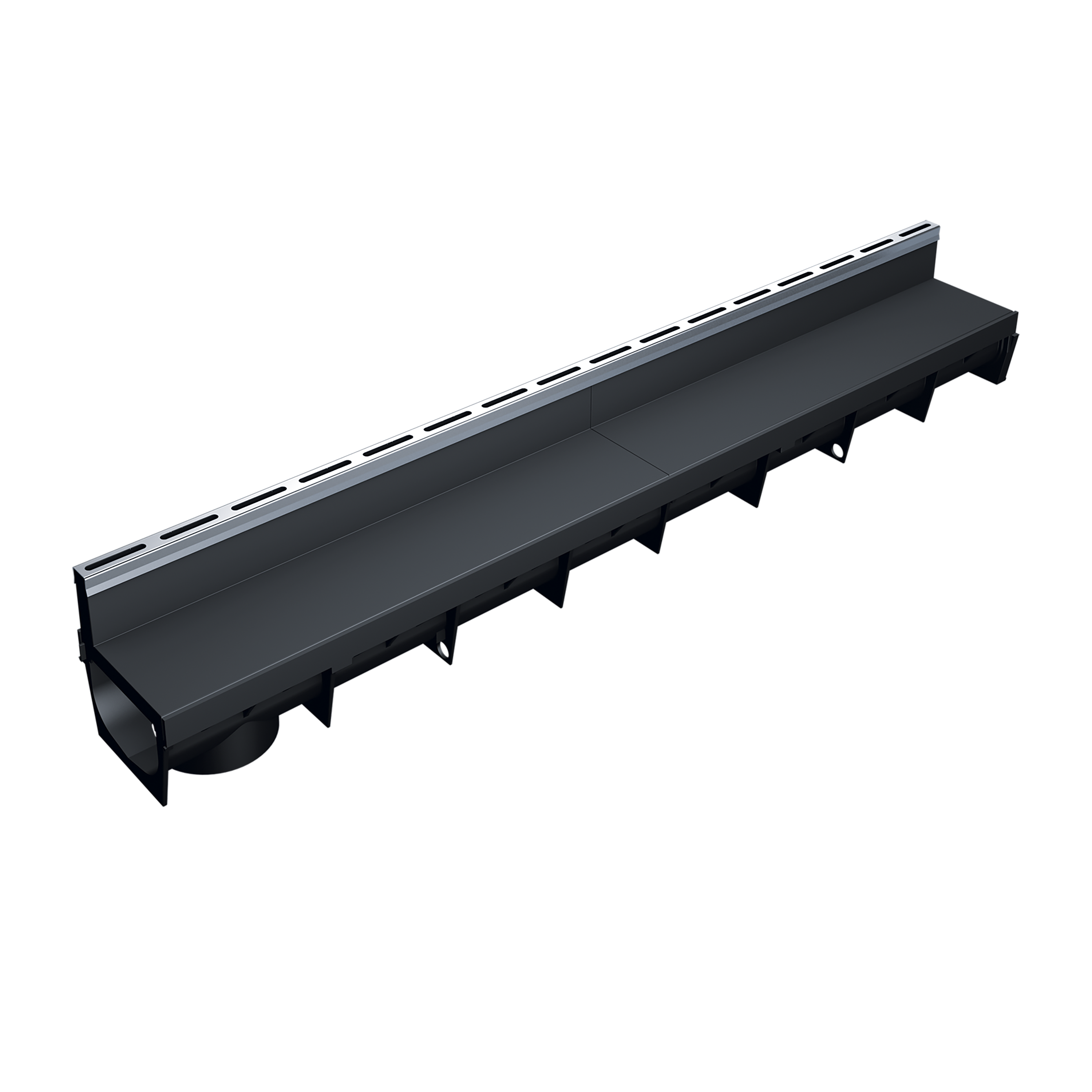 Caniveau discret en plastique recyclé MEAPARK avec fente en polypropylène et profil inox 304 Eblade R - Classe de charge A15 - Norme PMR - Facile à poser. Adapté pour terrasse, jardin, entrée de bâtiment et piscine.