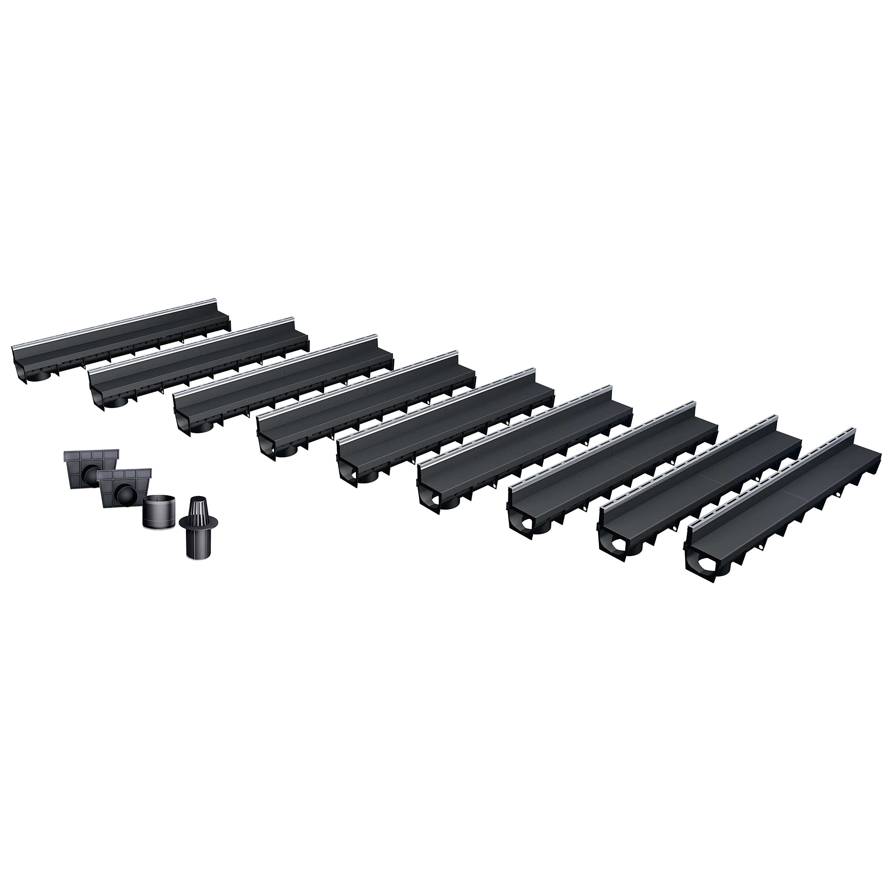 Pack de 9 caniveaux MEAPARK en plastique recyclé avec fente en polypropylène et profil inox 304 Eblade R - Classe de charge A15 - Norme PMR - Facile à poser. Vendu avec kit d'accessoires complet.