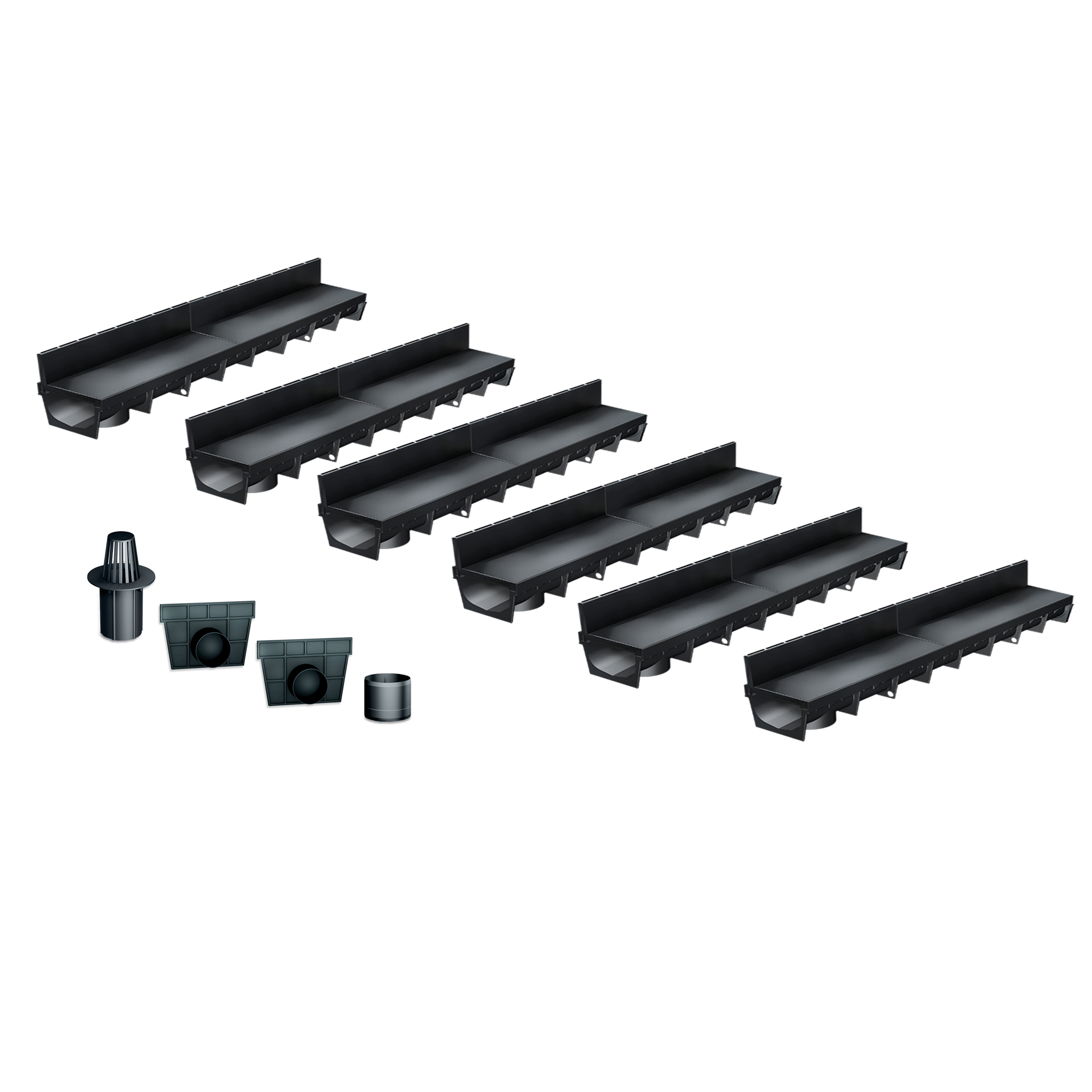 Pack de 6 caniveaux discrets MEAPARK en plastique recyclé avec fente TSC en polypropylène - Classe de charge A15 - Norme PMR - Facile à poser. Adapté pour terrasse, jardin, entrée de bâtiment et piscine.