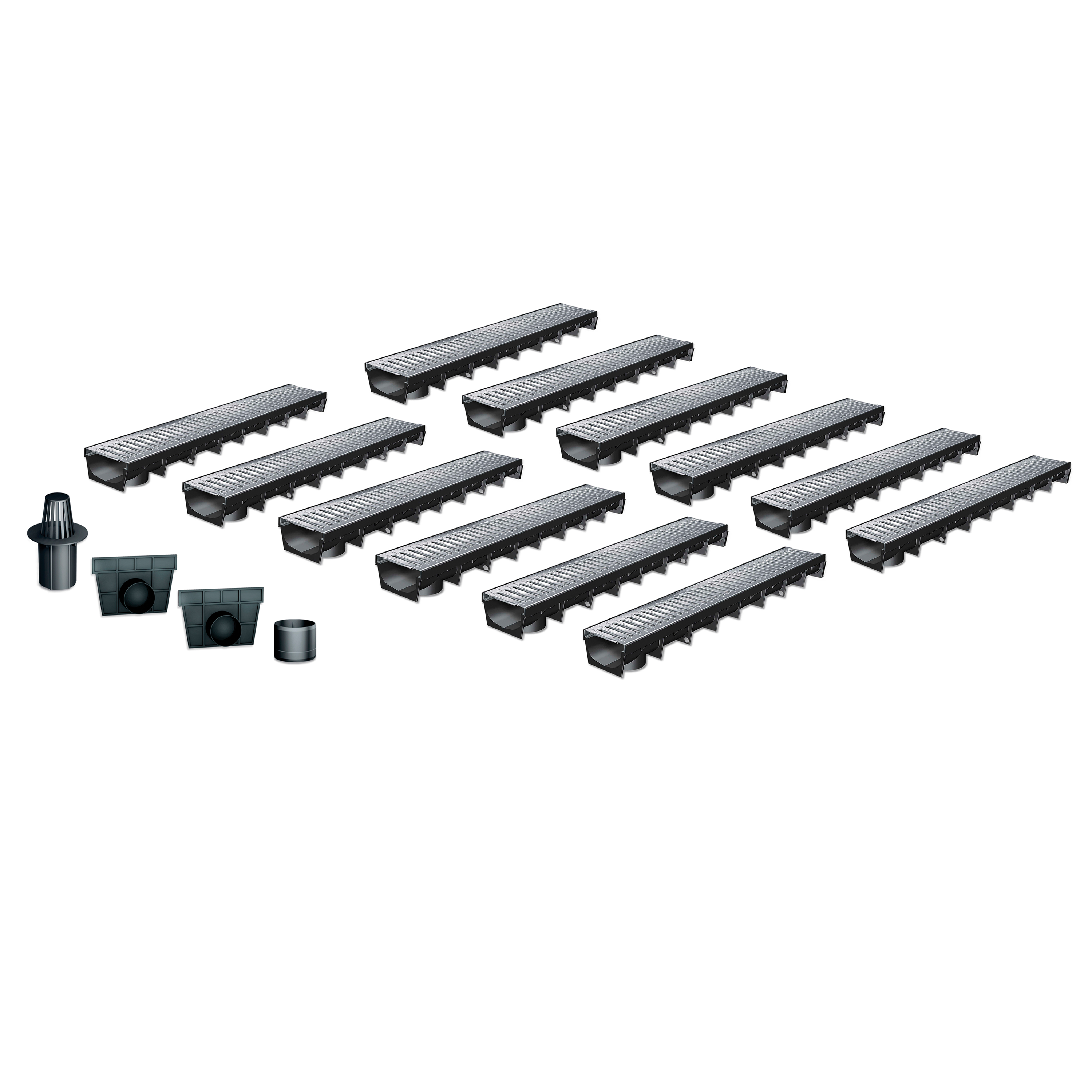 Pack de 12 caniveaux en plastique recyclé MEAPARK avec grille en acier galvanisé - Classe de charge A15 - norme PMR - Made in Germany - adaptés pour terrasse, jardin et entrée de bâtiment.