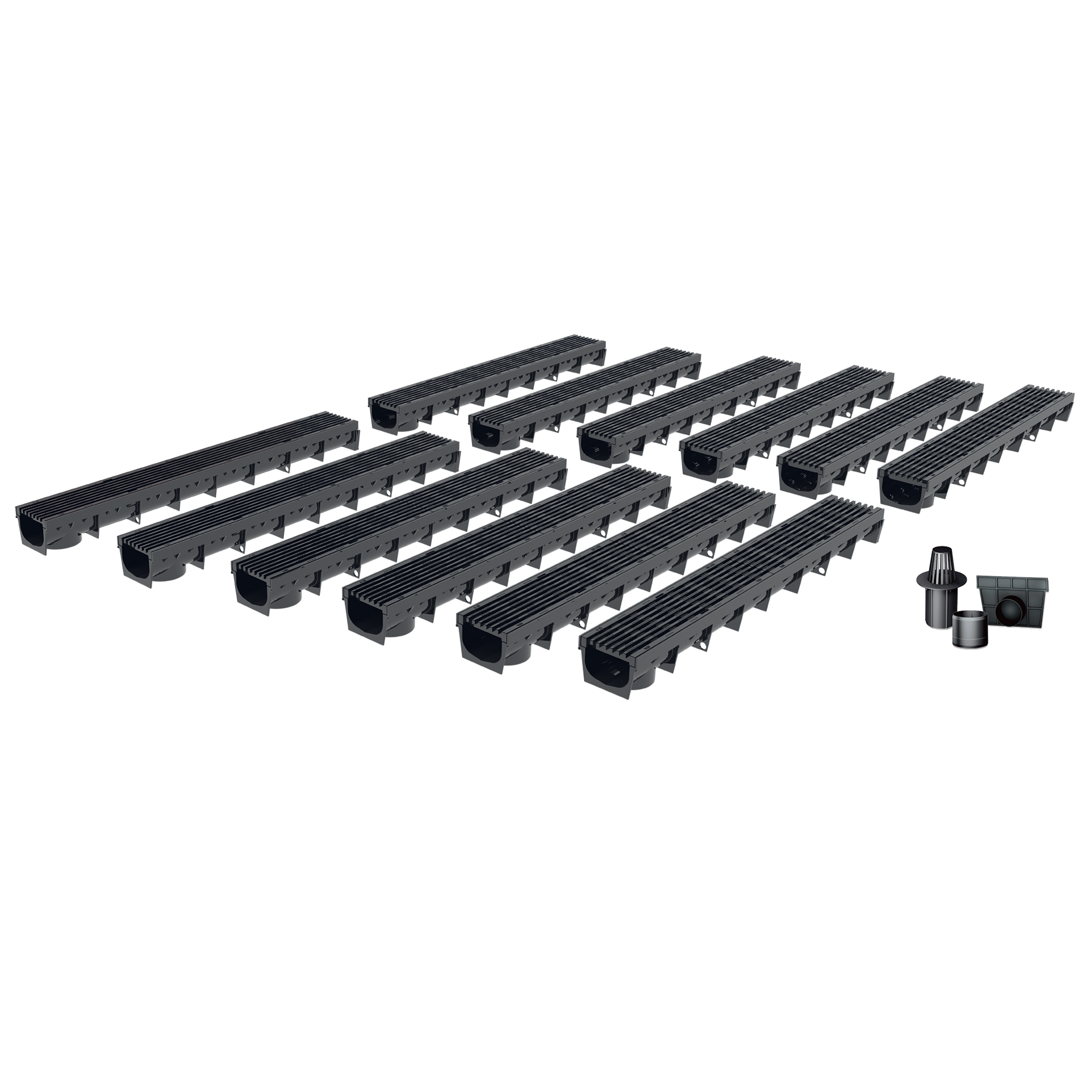 Pack de 12 caniveaux MEAPARK avec grille longitudinale noire en plastique recyclé - Classe de charge A15 - Norme PMR - Facile à poser. 