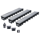Pack de 3 caniveaux en plastique recyclé MEAPARK avec grille en acier galvanisé - Classe de charge A15 - norme PMR - Made in Germany - adaptés pour terrasse, jardin et entrée de bâtiment.