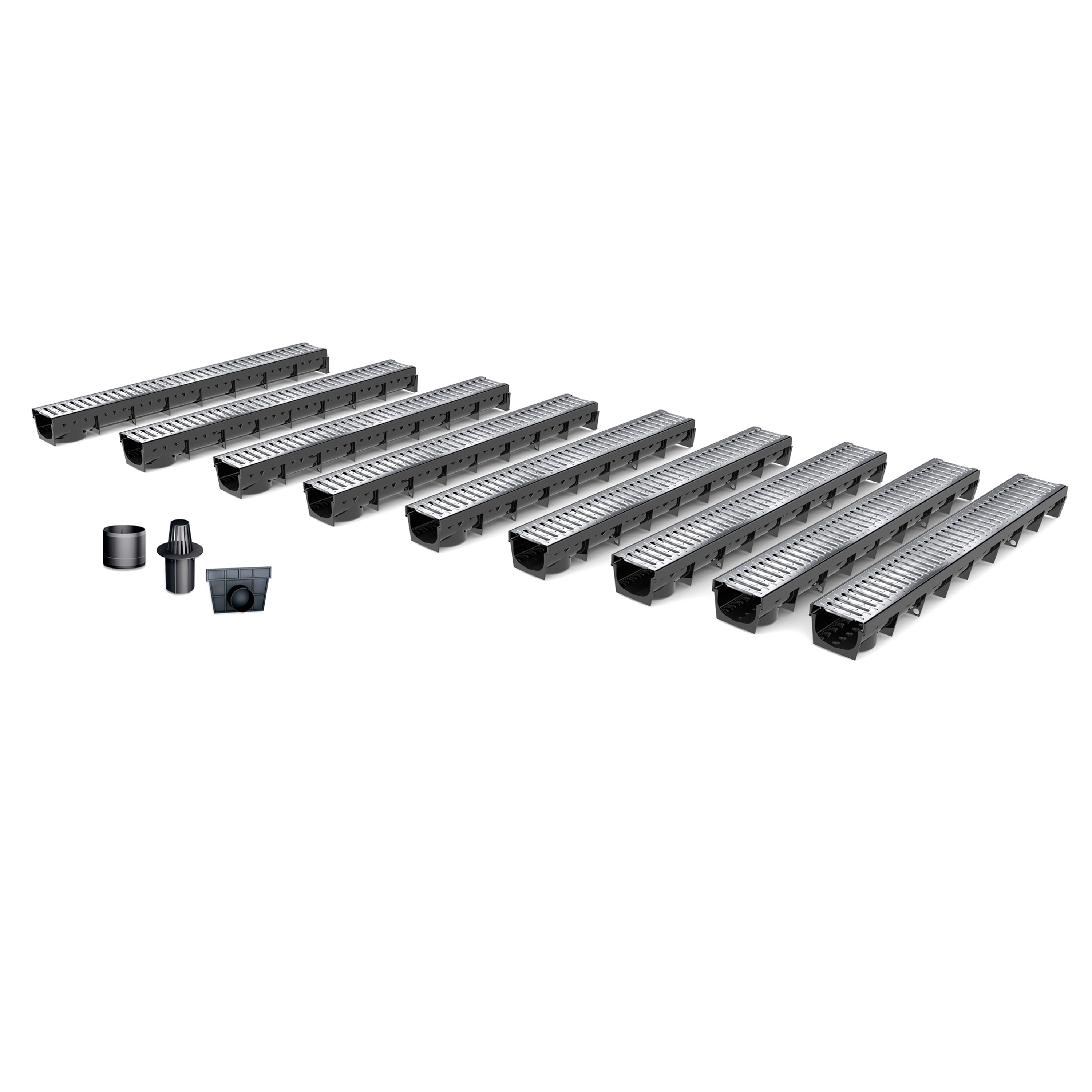 Pack de 9 caniveaux en plastique recyclé MEAPARK avec grille en acier galvanisé - Classe de charge A15 - norme PMR - Made in Germany - adaptés pour terrasse, jardin et entrée de bâtiment.
