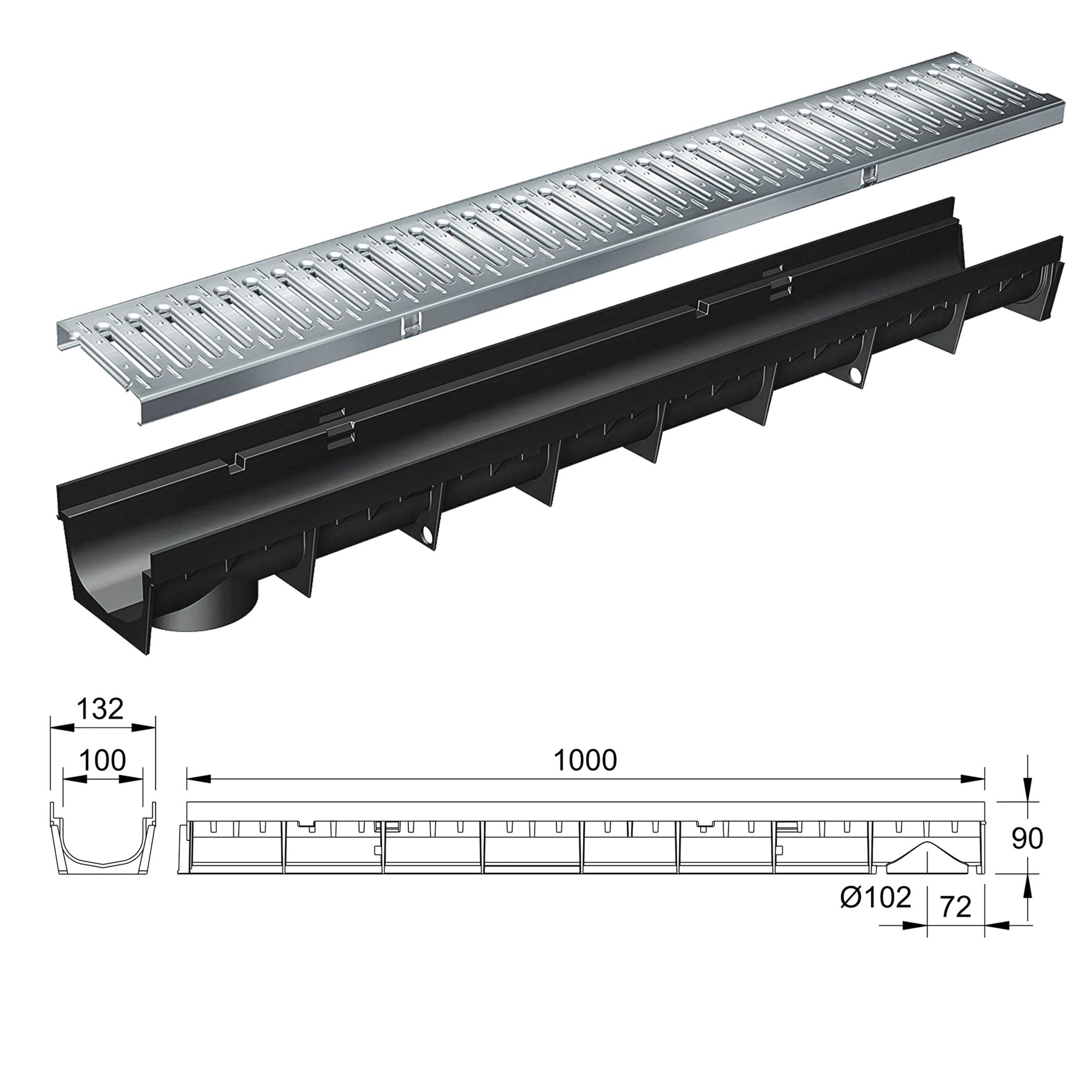 Caniveau en plastique recyclé MEAPARK avec grille en acier galvanisé - Classe de charge A15 - norme PMR - Made in Germany - adapté pour terrasse, jardin et entrée de bâtiment.