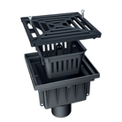 Avaloir de cour MEAPARK en plastique recyclé avec grille en fonte, résistant à une classe de charge B125 selon la norme EN 1433. Norme PMR, installation simple et rapide, adapté au passage de véhicule léger.