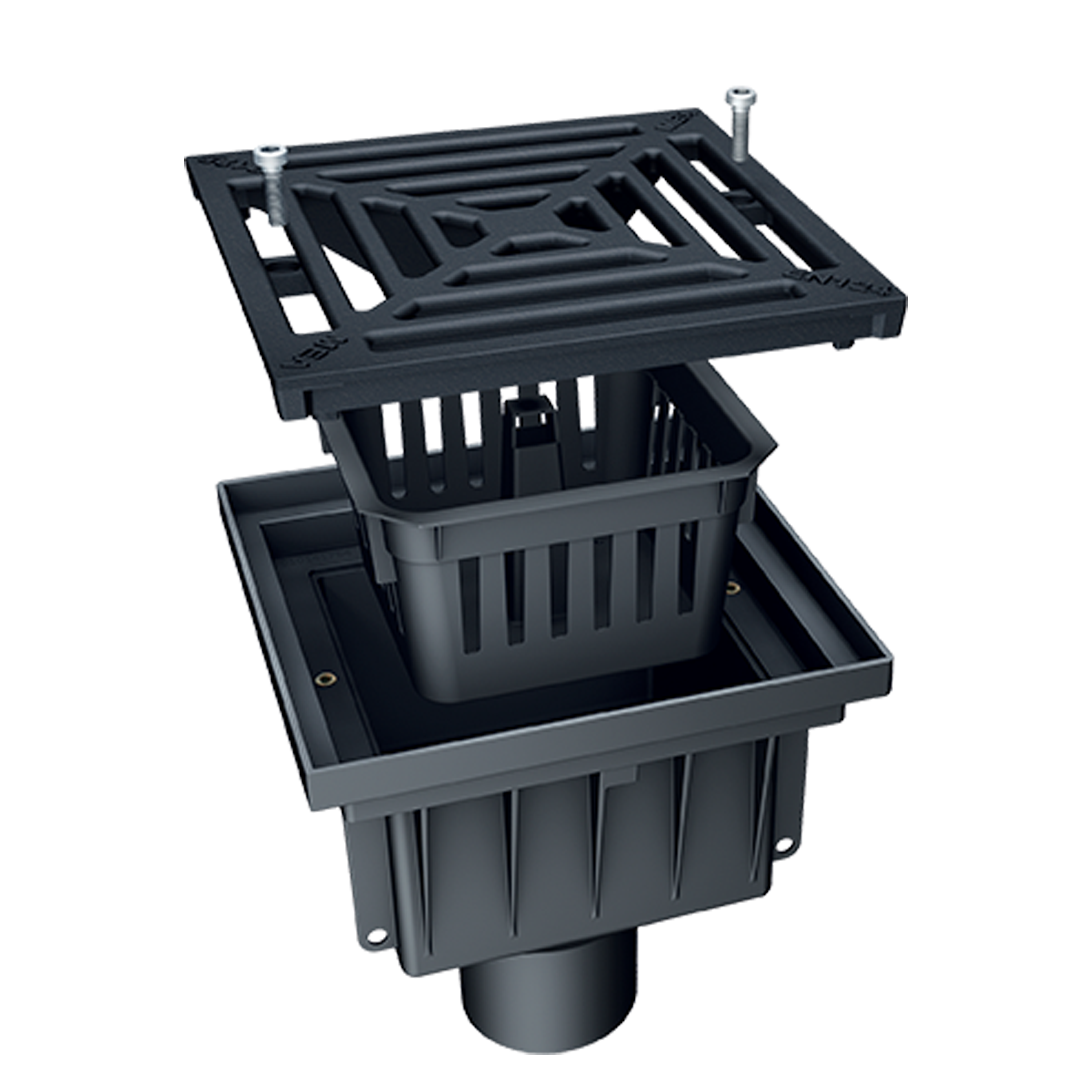 Avaloir de cour MEAPARK en plastique recyclé avec grille en fonte, résistant à une classe de charge B125 selon la norme EN 1433. Norme PMR, installation simple et rapide, adapté au passage de véhicule léger.