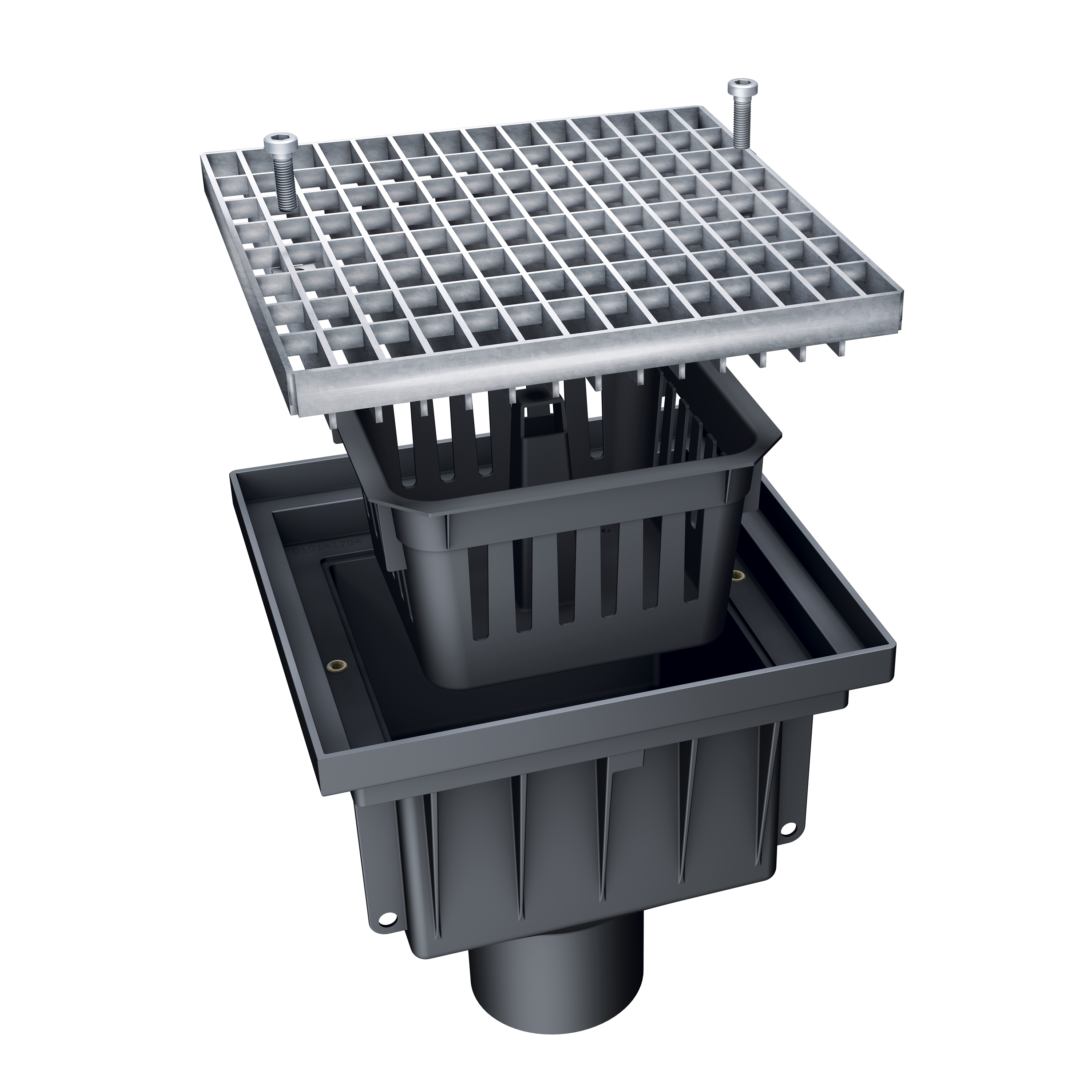 Avaloir de cour MEAPARK en plastique recyclé avec grille caillebotis maille 20/30 en acier galvanisé, résistant à une classe de charge B125 selon la norme EN 1433. Norme PMR, installation simple et rapide, adapté au passage de véhicule léger.