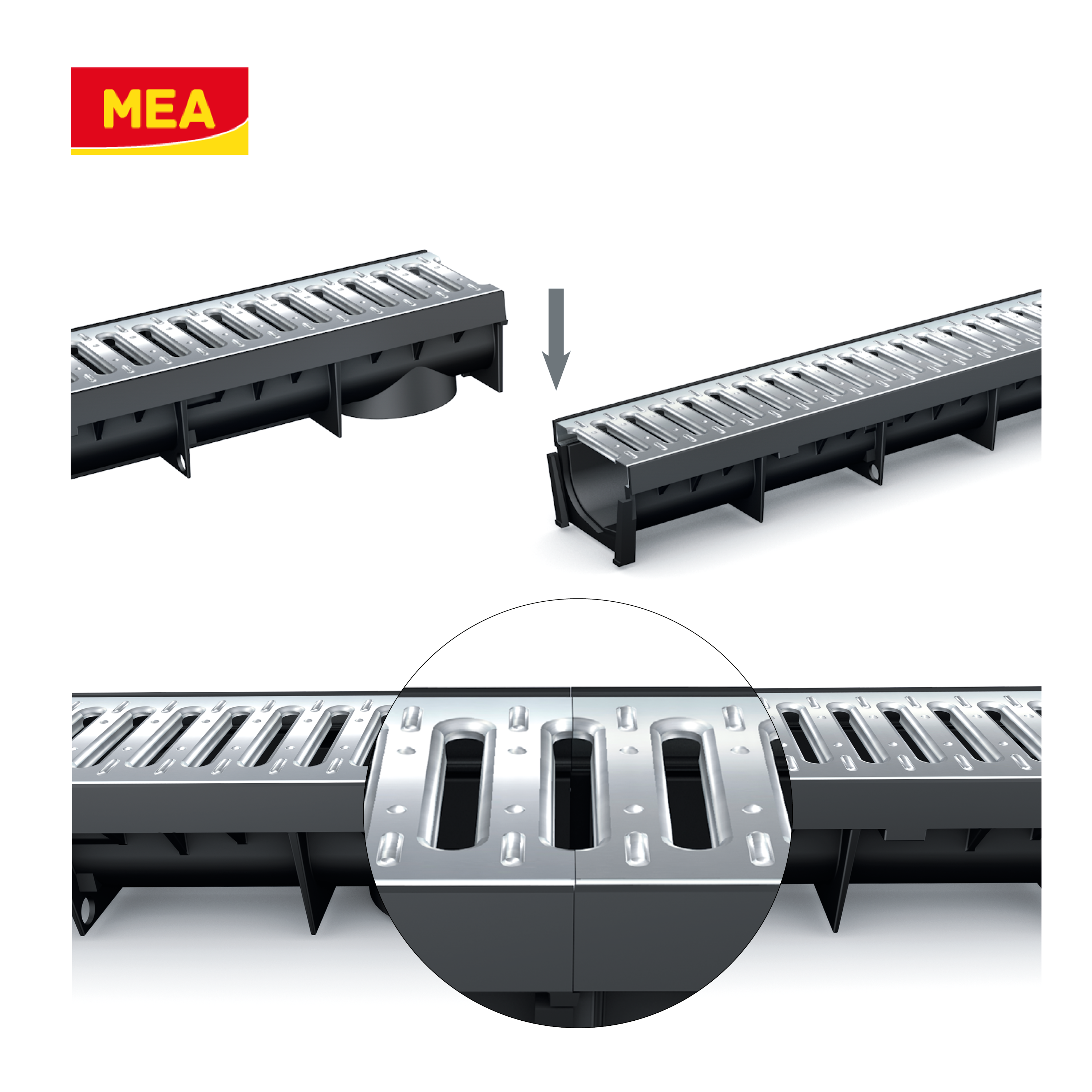 Caniveau en plastique recyclé MEAPARK avec grille en acier galvanisé - Classe de charge A15 - norme PMR - Made in Germany - adapté pour terrasse, jardin et entrée de bâtiment.