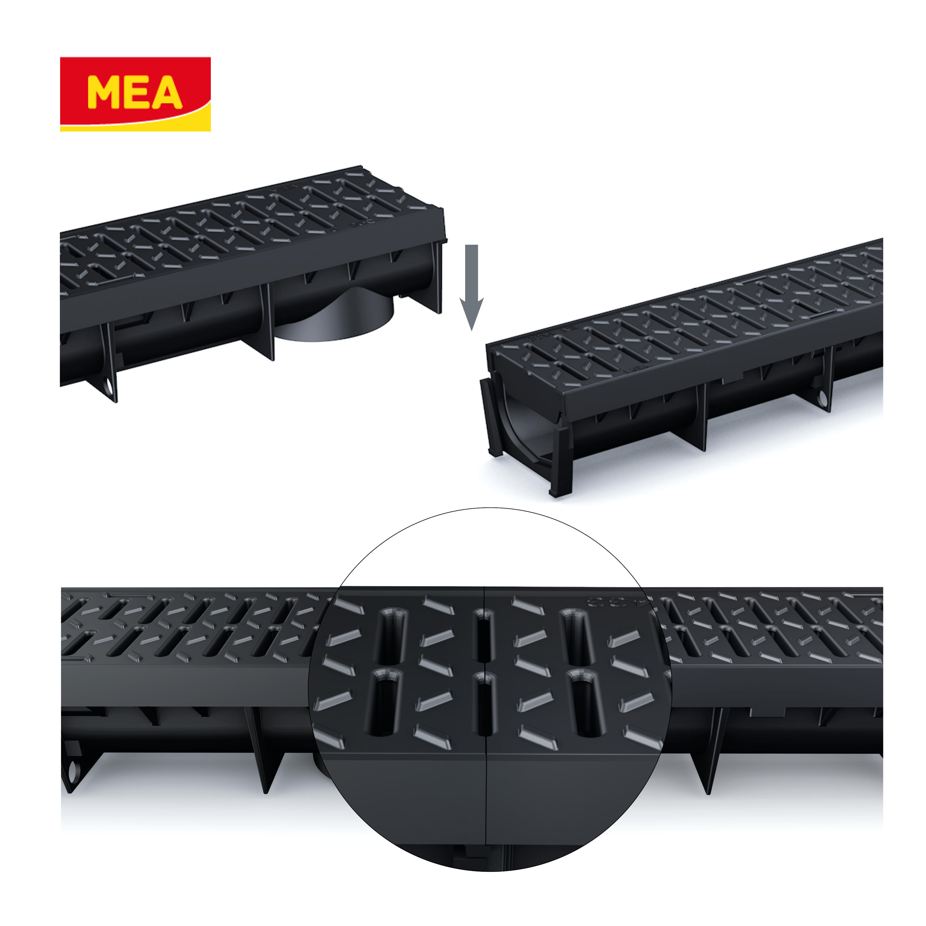 Caniveau MEAPARK en plastique recyclé avec grille polyamide de classe de charge B125 - design et discret - norme PMR - Adapté pour terrasse, jardin, entrée de garage, entrée de bâtiment, parking et zone urbaine. 