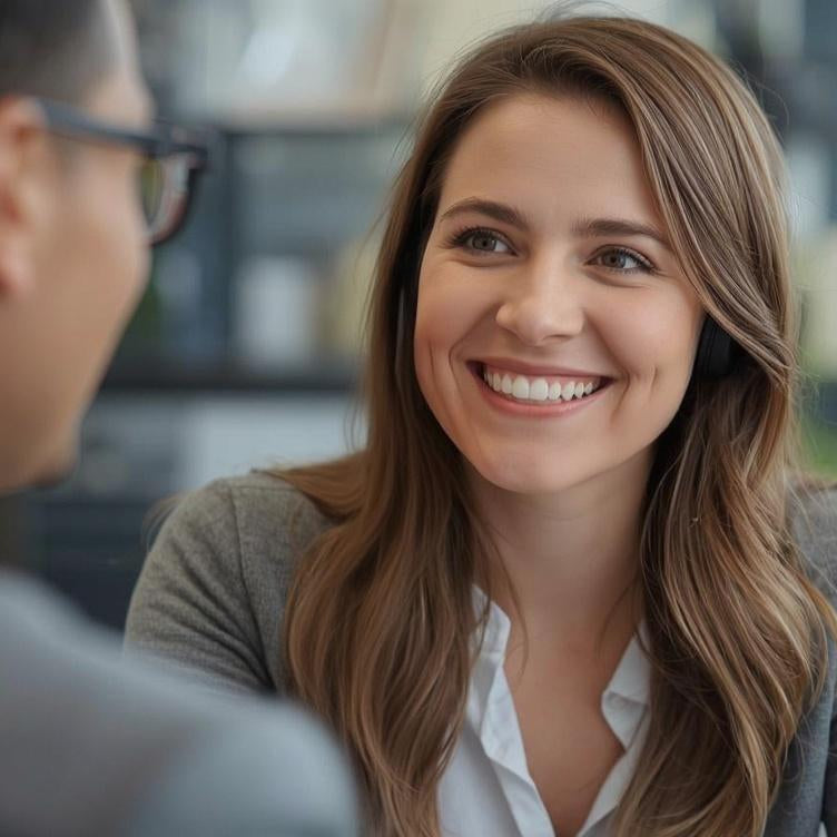 Une chargée de relation client YOODOO sourit en écoutant attentivement son client. 